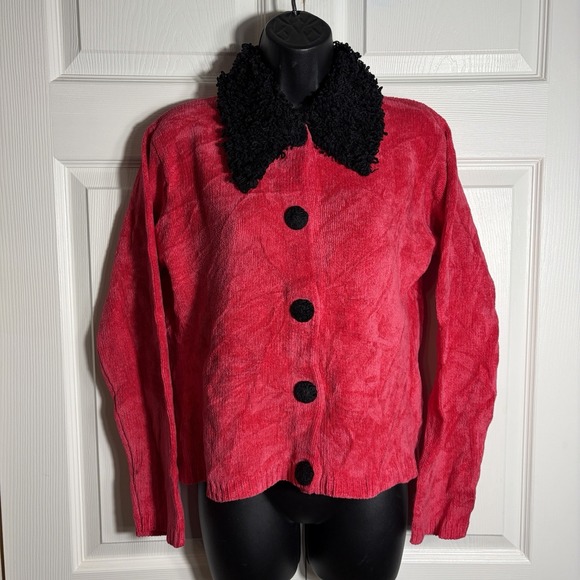 Catherine Stewart Sweaters - Vintage Catherine Steward Chenille Cardigan Women M Pink Black Loop Collar Y2K